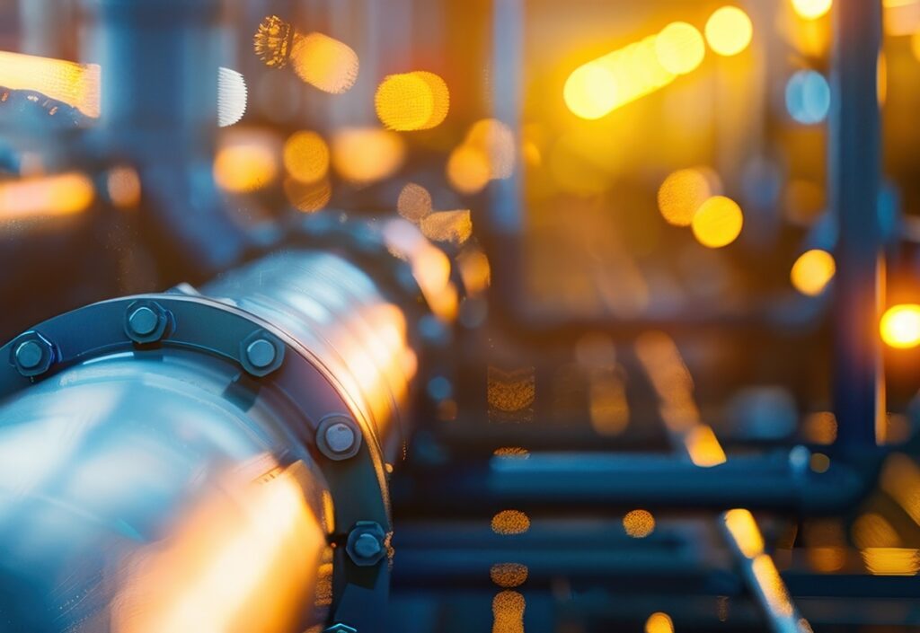 A long line of black pipes are seen in a factory. The pipes are connected to a large building and are surrounded by yellow and black