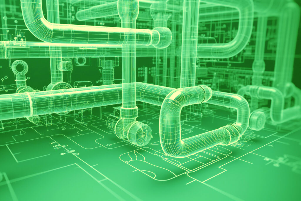White plumbing pipes and connections blueprint on blue backgroun